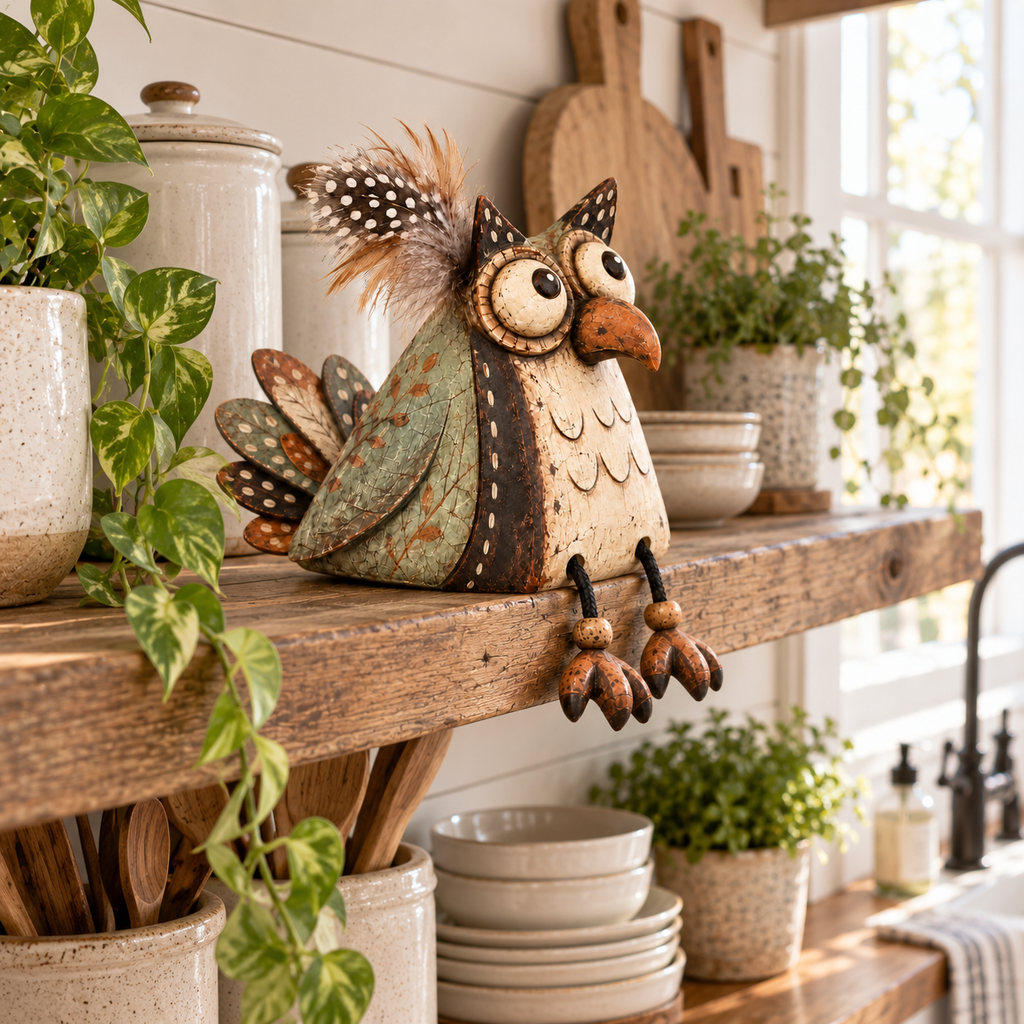 🦉 Rustieke Uil Plankzitter Decoratie met Bungelende Poten — Landelijke Sfeer