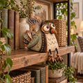 🦉 Rustieke Uil Plankzitter Decoratie met Bungelende Poten — Landelijke Sfeer