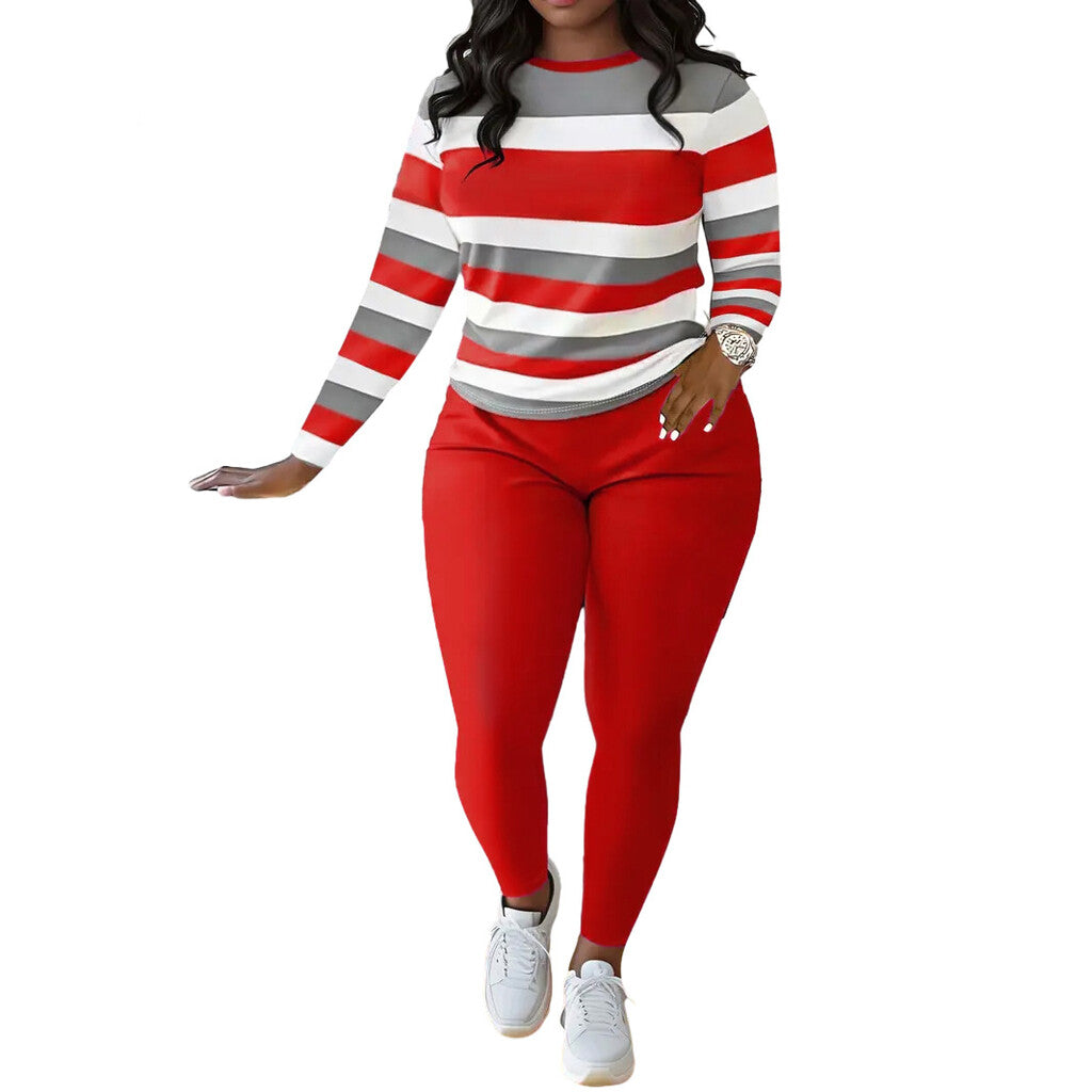 Stylish And Unique Striped Print Round-Neck Long-Sleeved Top And Long Pants Set.