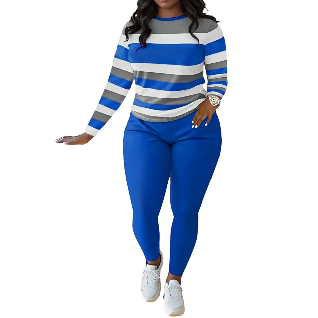 Stylish And Unique Striped Print Round-Neck Long-Sleeved Top And Long Pants Set.