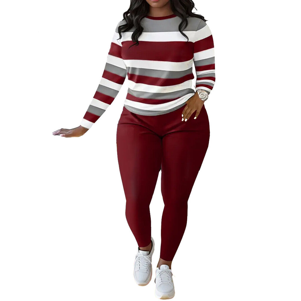 Stylish And Unique Striped Print Round-Neck Long-Sleeved Top And Long Pants Set.