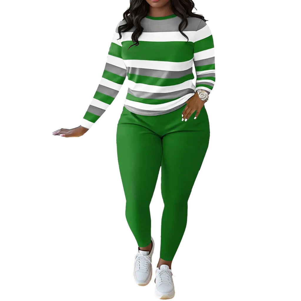 Stylish And Unique Striped Print Round-Neck Long-Sleeved Top And Long Pants Set.