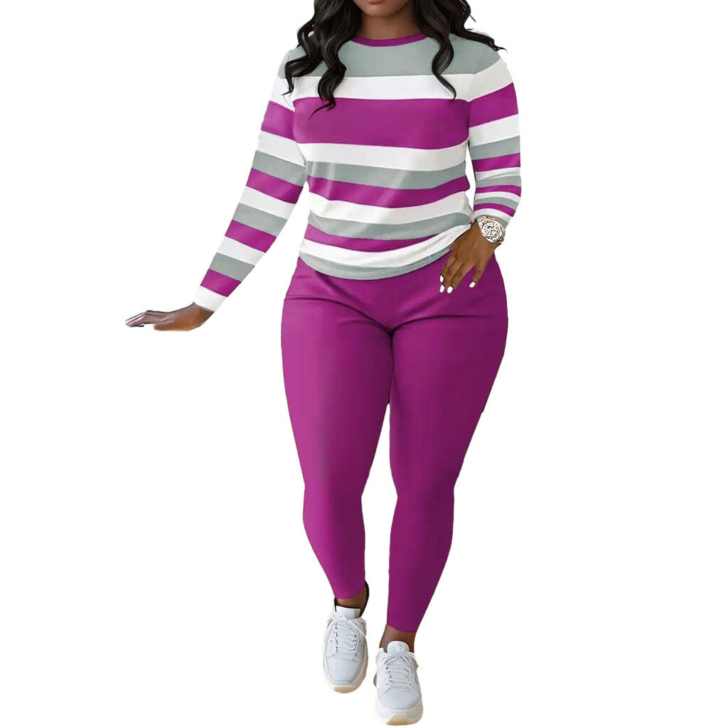 Stylish And Unique Striped Print Round-Neck Long-Sleeved Top And Long Pants Set.