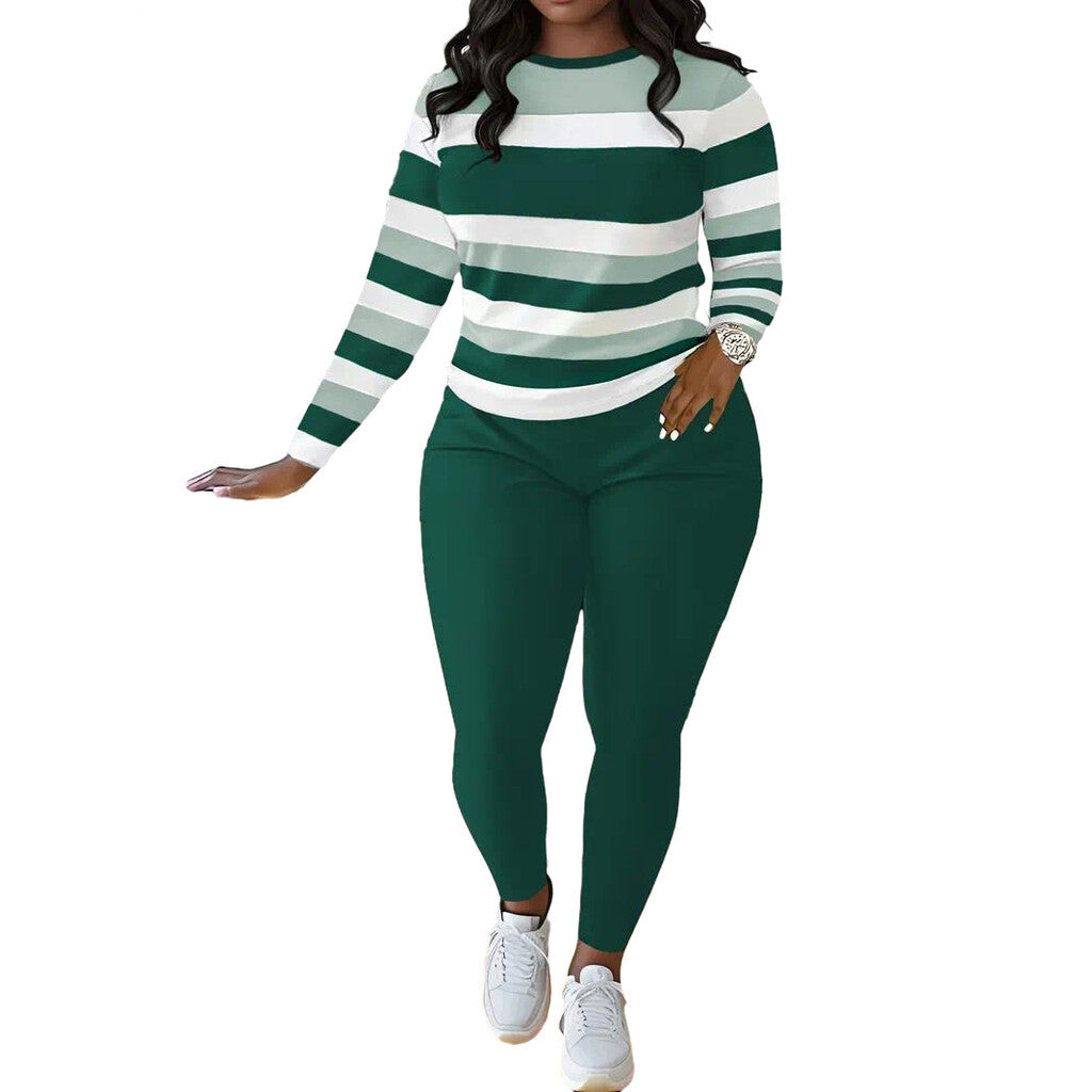 Stylish And Unique Striped Print Round-Neck Long-Sleeved Top And Long Pants Set.