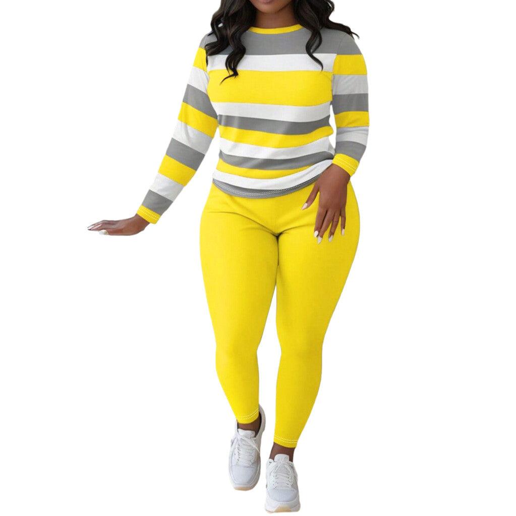 Stylish And Unique Striped Print Round-Neck Long-Sleeved Top And Long Pants Set.
