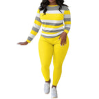 Stylish And Unique Striped Print Round-Neck Long-Sleeved Top And Long Pants Set.