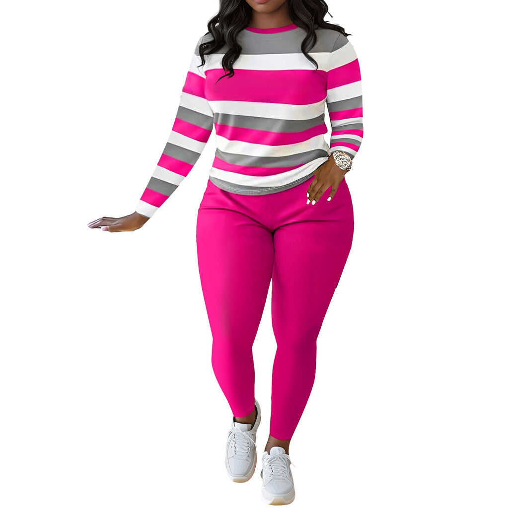 Stylish And Unique Striped Print Round-Neck Long-Sleeved Top And Long Pants Set.