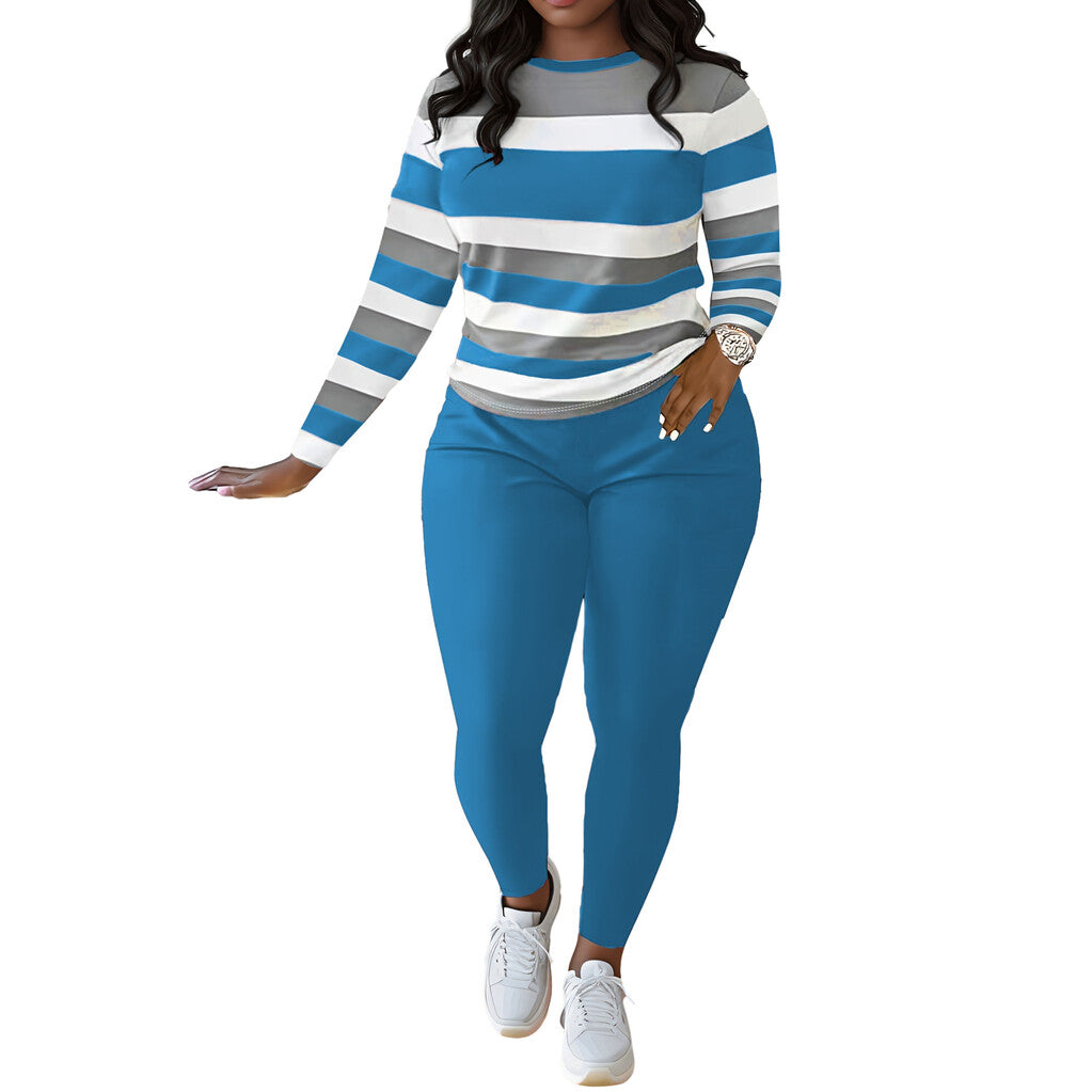 Stylish And Unique Striped Print Round-Neck Long-Sleeved Top And Long Pants Set.