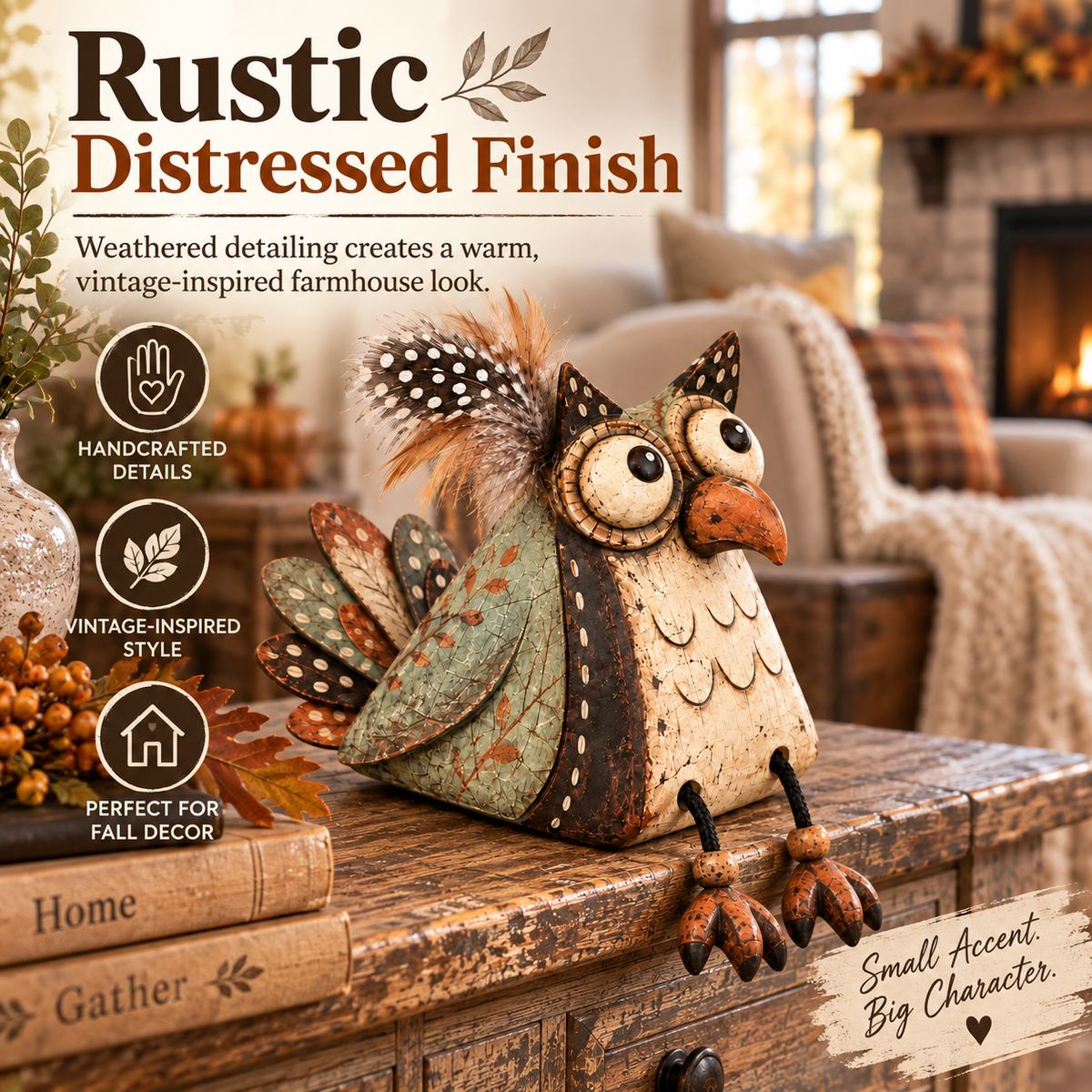 🦉 Rustieke Uil Plankzitter Decoratie met Bungelende Poten — Landelijke Sfeer