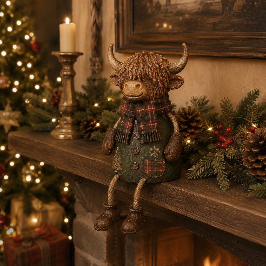 Festive Highland Cow Shelf Sitter – Rustic Christmas Home Decor