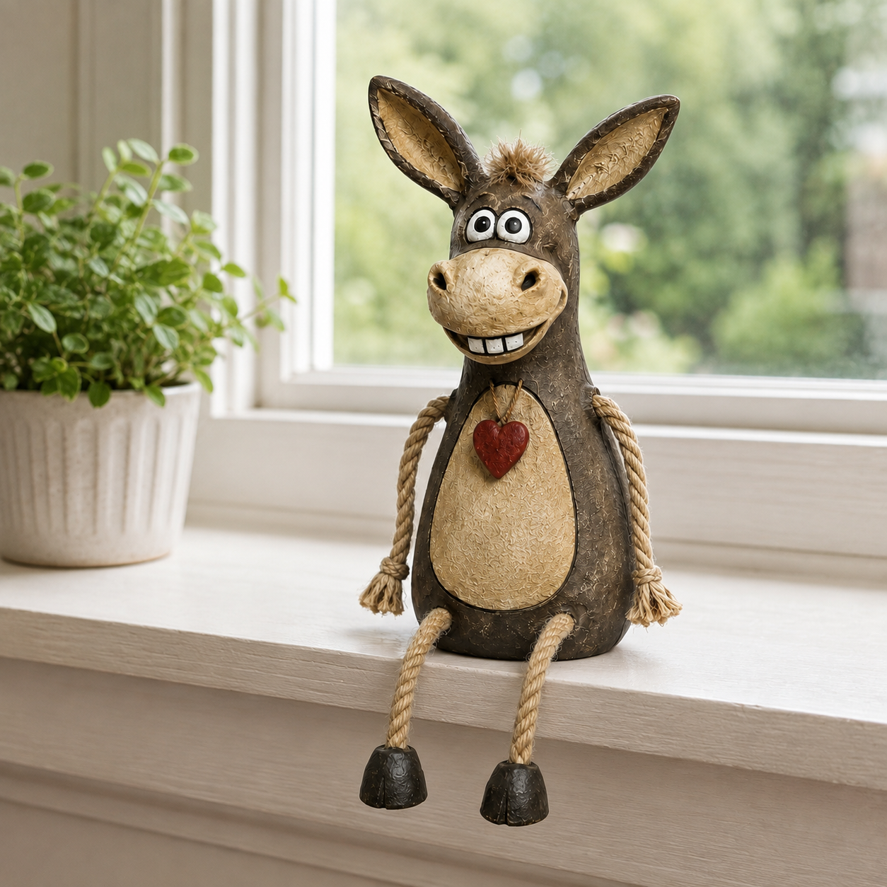 A rustic figurine of a donkey on a plank with rope legs hanging down