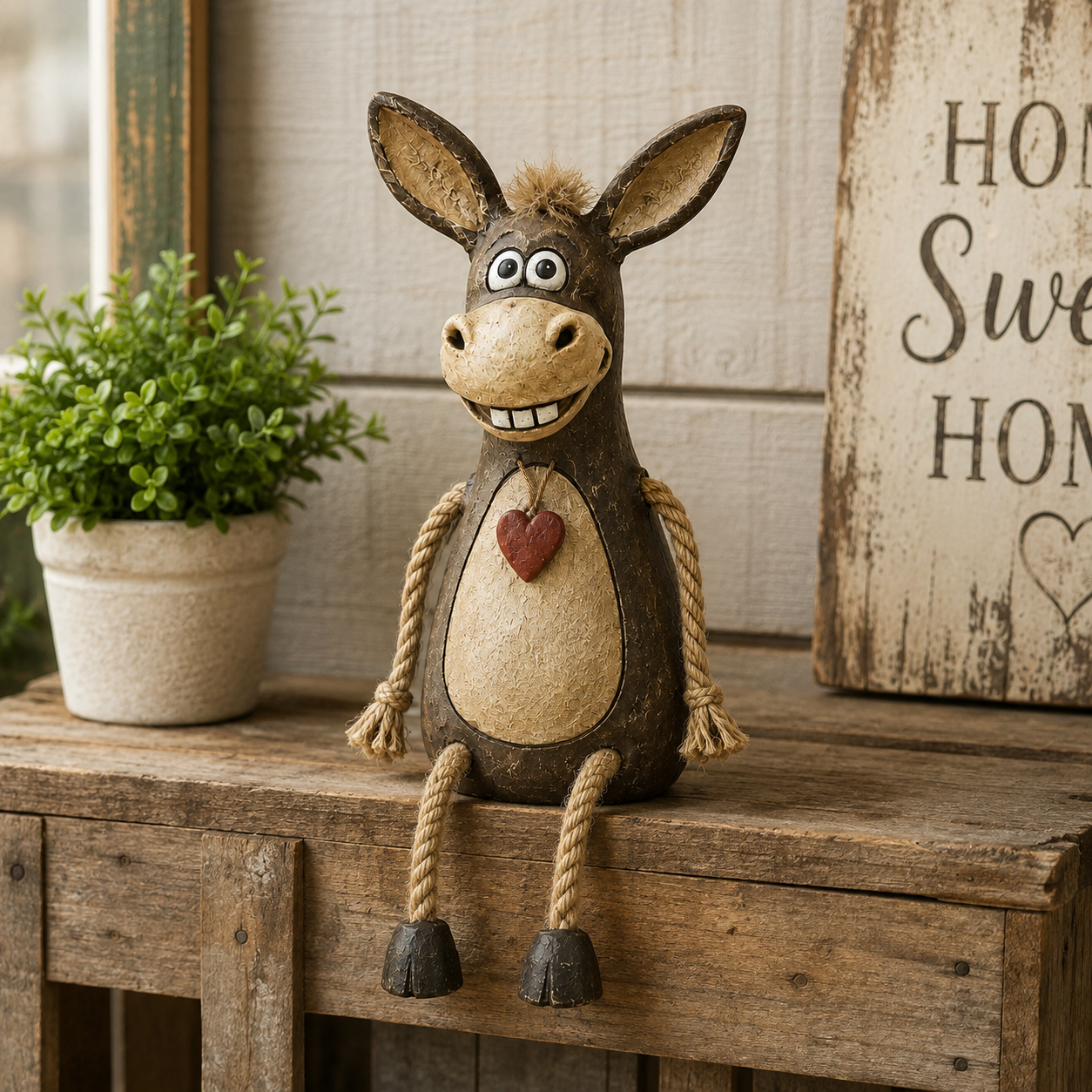 A rustic figurine of a donkey on a plank with rope legs hanging down