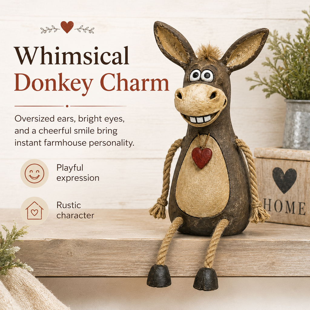 A rustic figurine of a donkey on a plank with rope legs hanging down
