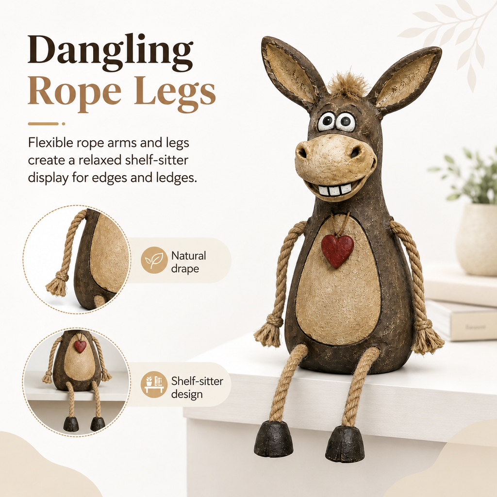 A rustic figurine of a donkey on a plank with rope legs hanging down
