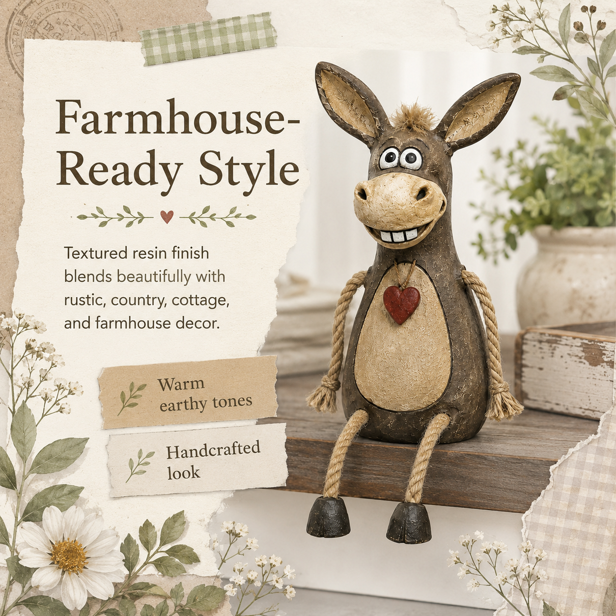 A rustic figurine of a donkey on a plank with rope legs hanging down