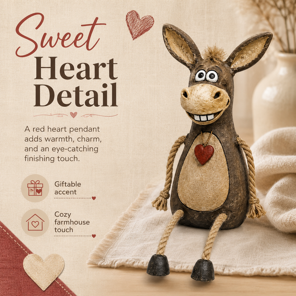 A rustic figurine of a donkey on a plank with rope legs hanging down