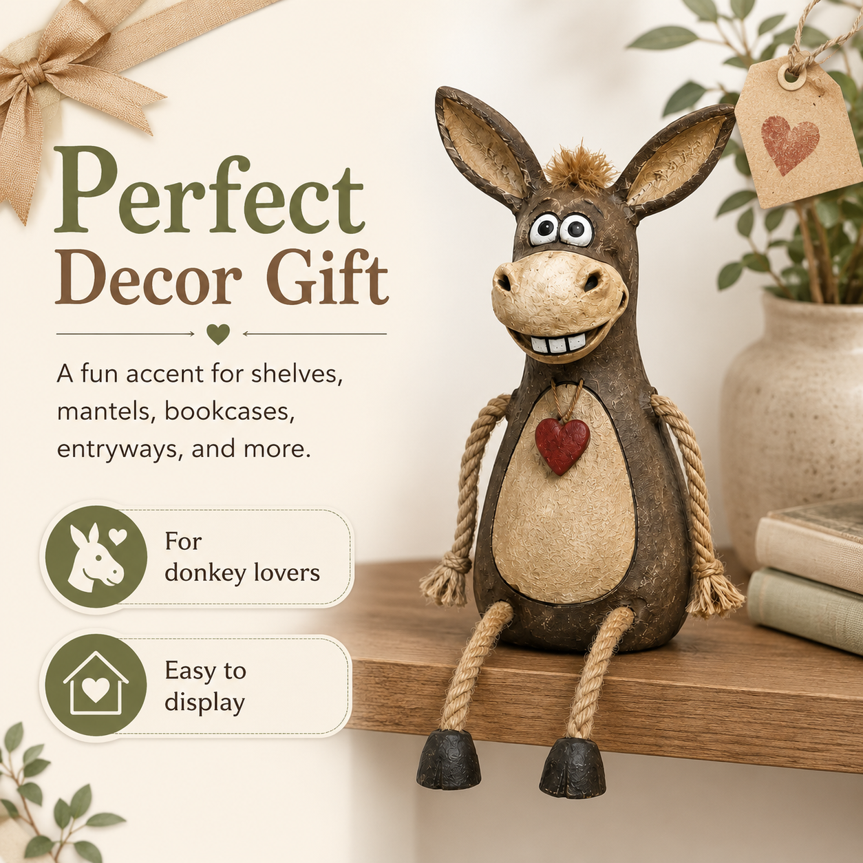 A rustic figurine of a donkey on a plank with rope legs hanging down