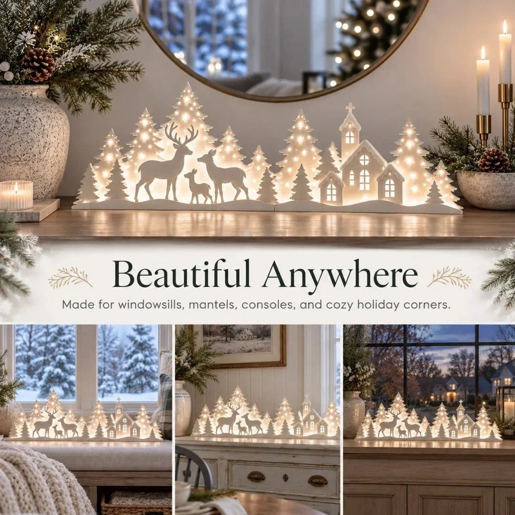 🦌 Illuminated Christmas decorations for the window – reindeer & village | 2-piece LED set ✨
