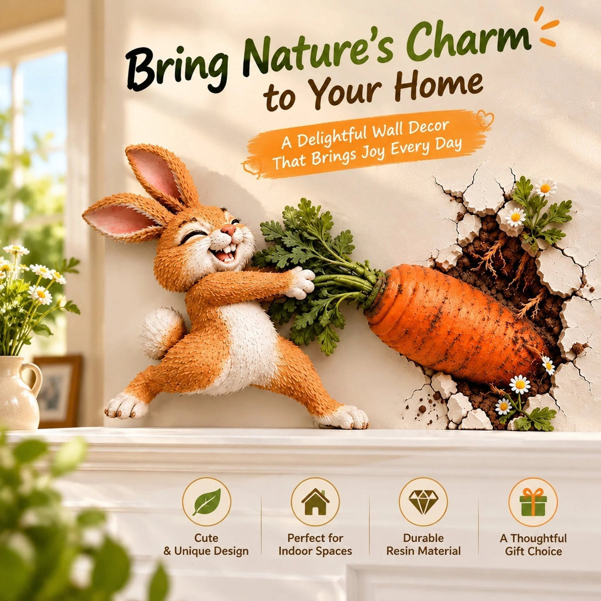 🐰🥕 Funny Bunny Pulling Carrot Wall Decor — 3D Wall-Breakthrough Wooden Spring & Easter Decoration